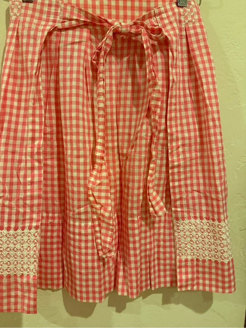 Vintage Pink Gingham Half Apron with Pocket & Lace Trim Cottagecore Retro